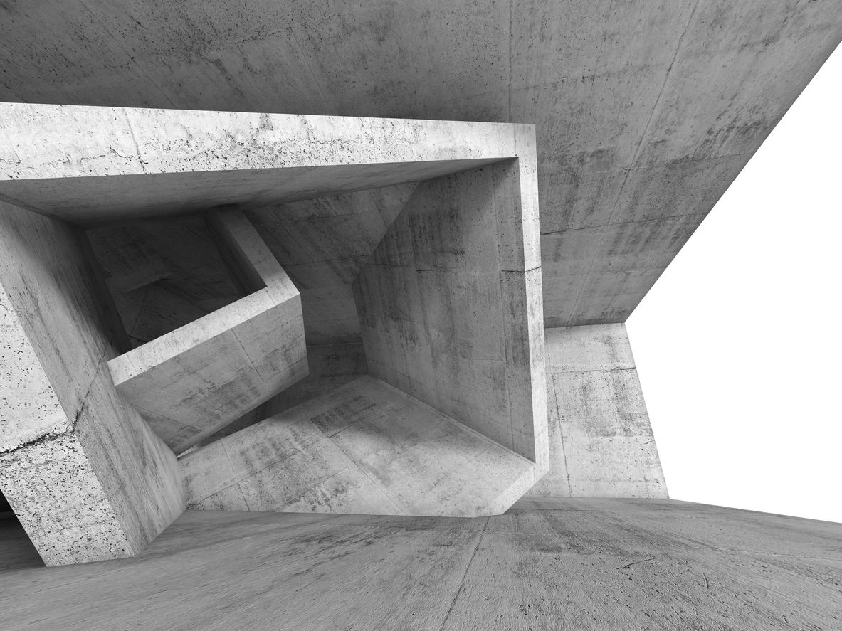 Monochrome abstract concrete architecture viewed from below
